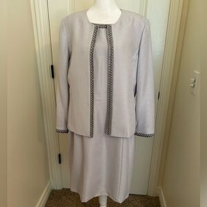 Light grey, sleeveless dress  and blazer. Pearl and sequins trim.